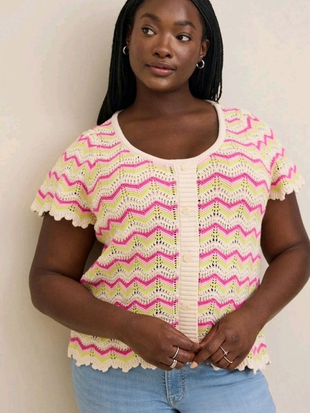Torrid Crochet Short Sleeve Cotton Chevron Zig Zag Sweater Knit Top Womens 5X